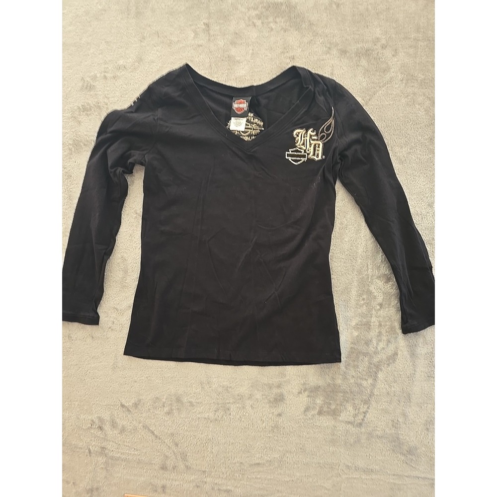Harley Davidson Womens Black Long Sleeve V Neck Graphic Shirt‎ Size L